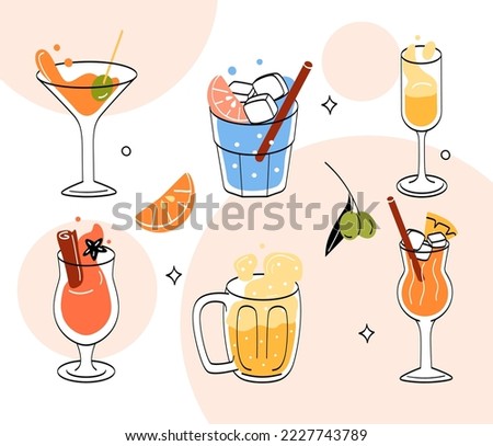 Set of drinks. Collection of fruit cocktails, symbols of summer season, vacation and relaxation in tropical and exotic countries. Cartoon flat vector illustrations isolated on beige background