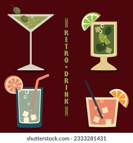 Set of drinks in flat retro style with text. Mojito, soda, martini poster. Vector nostalgia