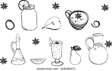 Set of drinks. Fresh smoothie, jug of ice cocktail, cup of coffee, decanter with liquor in doodle style