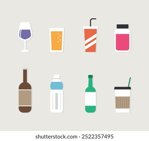 A set of drinks in a glass and a bottle vector icons in flat style. Alcoholic and non-alcoholic drinks. Wine, beer, soda, juice, coffee, water.