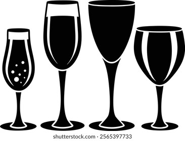 Set of drinks glass and champagne glasses silhouette isolated on white background. Drinks glass sign vector illustration design