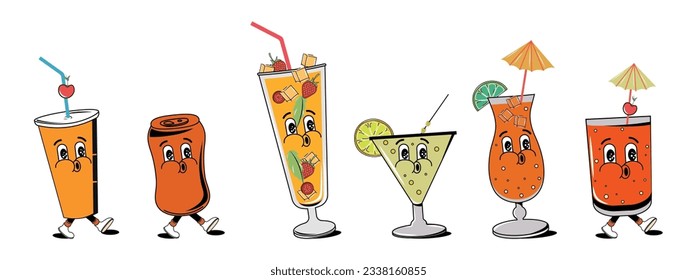 Set of drinks in groovy style. Retro design. Vector stock illustration. 60s and 80s. Martini, pina colada, soda, glass with a straw, whiskey with an umbrella.