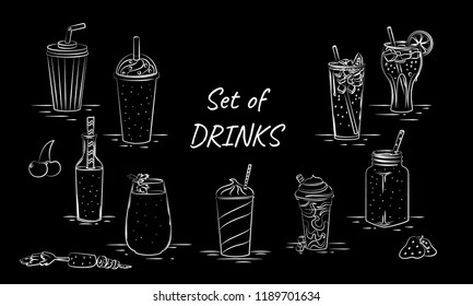 Set of drinks, hand drawn, outline, black