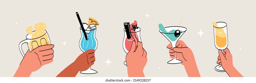 Set of drinks. Hands holding glasses with cold water or juices. Exotics and tropics, summer holidays, natural products collection. Cartoon flat vector illustrations isolated on beige background