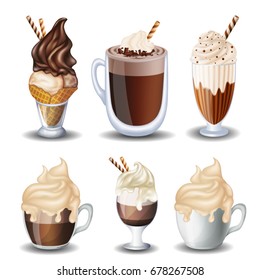 Set of drinks hot chocolate, ice cream, Coffee, milk shake. On white background