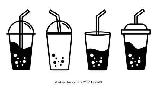 Conjunto de bebidas icono colección.  Contiene agua, café, té, bebida, vidrio, refresco, cóctel, botella, vino, bebida y más. Colección de iconos esquematizados. Ilustración vectorial.