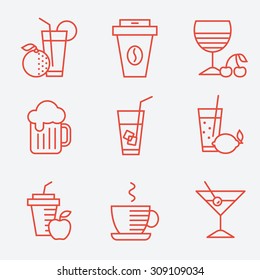 Set of drinks icons, flat design, thin line style