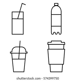 set of drinks icons with a glass, paper cup, plastic bottle and milkshake cup. thin line icons.