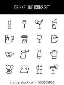 Set of drinks icons in modern thin line style. High quality black outline water, beer, milk symbols for web site design and mobile apps. Simple linear drinks pictograms on a white background.