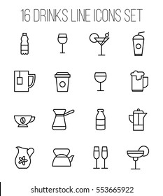 Set of drinks icons in modern thin line style. High quality black outline water, beer, milk symbols for web site design and mobile apps. Simple linear drinks pictograms on a white background.