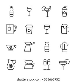 Set of drinks icons in modern thin line style. High quality black outline water, beer, milk symbols for web site design and mobile apps. Simple linear drinks pictograms on a white background.
