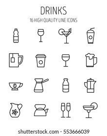 Set of drinks icons in modern thin line style. High quality black outline water, beer, milk symbols for web site design and mobile apps. Simple linear drinks pictograms on a white background.