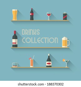 Set of drinks icons on shelves in modern flat design with long shadows. Eps10 vector illustration.