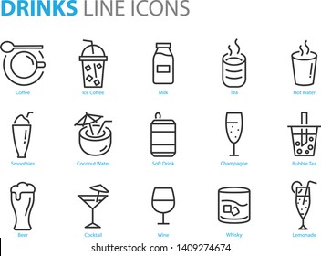 set of drinks icons, such as, water, soft drink, wine, whisky, beer, milk, tea, coffee, champange, bar, cafe