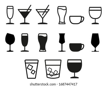 set of drinks icons, water, soft drink, alcohol, juice, glass, milk shake
vector