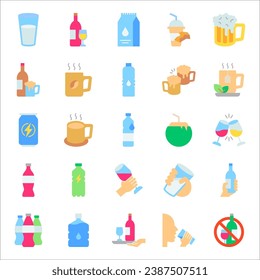 set of drinks icons, water, soft drink, alcohol, glass, vector illustration on white background