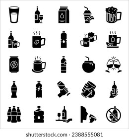 set of drinks icons, water, soft drink, alcohol, glass, vector illustration on white background
