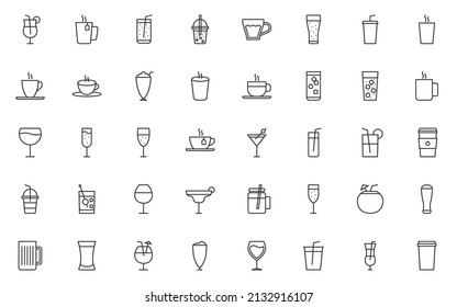 set of drinks line icons, alcohol, softdrinks, coffee, tea