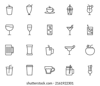 set of drinks line icons, coffee, tea, alcohol