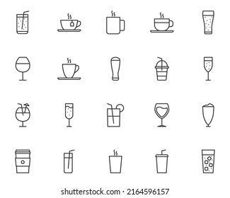 set of drinks line icons, coffee, tea, alcohol