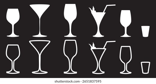 Conjunto de iconos de línea de bebidas, como vidrio, pub 