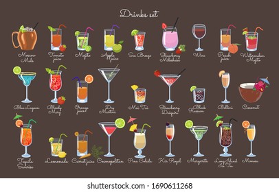Set of drinks on a brown background. Vector graphics.