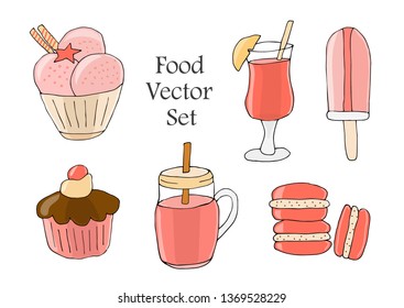 A set of drinks, pastries and sweets. Elements isolated on white for restaurant and cafe menu. - vector