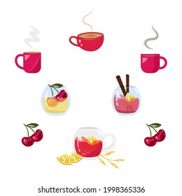 A set of drinks. Red bright cups, blue glasses. Juice, cocktail, smoothies, wine, tea, coffee, fruits - on a transparent background. Vector isolated, colorful drinks. Bar menu design elements.