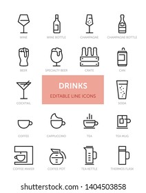 Set of Drinks related vector line icons with editable stroke. Contains icons such as Wine, Beer, Coffee, Tea and more.
