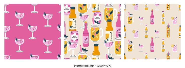 Set of Drinks seamless pattern. Lemonade endless background. Repeating print with cold summer beverages, lemonades. Colored flat vector illustration for fabric, wrapping, decor