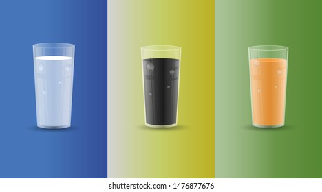 Set of drinks in transparent glases with drops and shadows. Juice, Milk, Cola. Vector Illustration