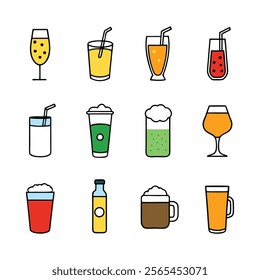 a set of drinks vector illustration, coffee, cold, drinks, juices, cups, cocktail, beverage