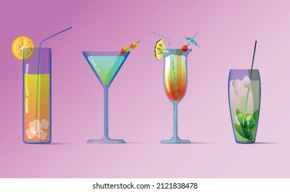 El conjunto de bebidas. Ilustración vectorial para el menú, el bar y el restaurante.Bebidas alcohólicas y blandas