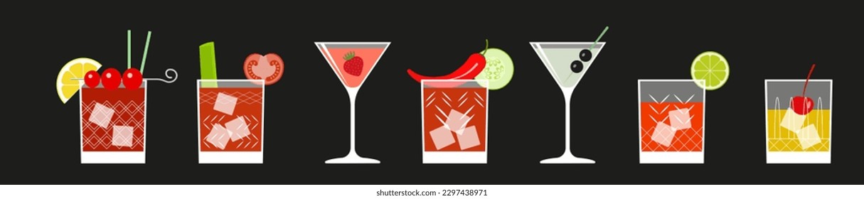 A set of drinks - whiskey, martini, Bloody Mary cocktail. Vector icons, flat design.