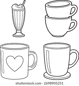 Set mit Trinkwaren und Tassen | Illustration der Linienkunst für einfaches Malbuch