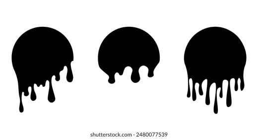 Conjunto de etiquetas de círculo de goteo. Pintar pegatinas de goteo. Líquido de pintura negra. Tinta negra. Ilustración vectorial