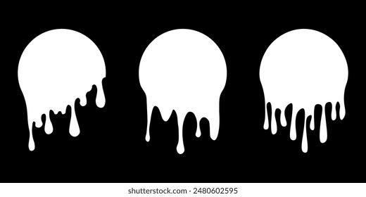 Conjunto de etiquetas de círculo de goteo. Pintar pegatinas de goteo. Líquido de pintura blanca. Mancha blanca. Ilustración vectorial