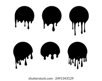 Conjunto de etiquetas de círculo de goteo. Pintar pegatinas de goteo. Líquido de pintura negra. Tinta negra. Ilustración vectorial