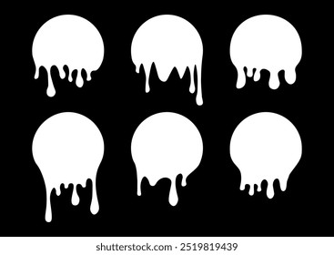 Conjunto de etiquetas de círculo de goteo. Pinta pegatinas de goteo. Líquido de pintura blanco. Mancha de tinta blanca. Ilustración vectorial