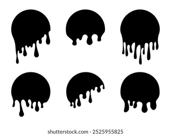 Set of drip circle labels. Paint drip stickers. Black paint liquid. Black inkblot. Vector illustration