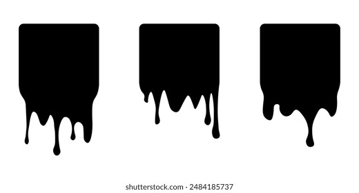 Conjunto de etiquetas cuadradas de goteo. Pintar pegatinas de goteo. Líquido de pintura negra. Tinta negra. Ilustración vectorial