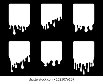 Conjunto de etiquetas cuadradas de goteo. Pinta pegatinas de goteo. Líquido de pintura blanco. Mancha de tinta blanca. Ilustración vectorial