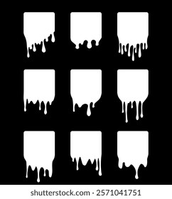 Set of drip square labels. Paint drip stickers. White paint liquid. White inkblot. Vector illustration