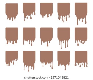 Set of drip square labels. Paint drip stickers. Brown paint liquid. Brown inkblot. Mocha Mousse. Vector illustration