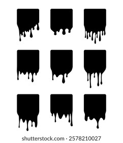 Set of drip square labels. Paint drip stickers. Black paint liquid. Black inkblot. Vector illustration