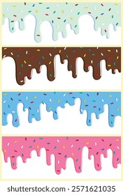 set of dripping delicious pink, blue and chocolate doughnut vector seamless glaze. Sweet dessert background illustration	