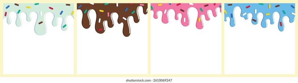 set of dripping delicious pink, blue and chocolate doughnut vector seamless glaze. Sweet dessert background illustration