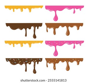 Set of dripping delicious pink, yellow and brown as chocolate, honey, strawberry, doughnut vector seamless glaze. Sweet dessert background illustration with colorful toppings, nut, sprinkle and more.