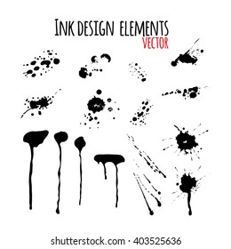Set of dripping inky swashes, ink splashes, ink blots for your design. Grunge design element. Vector illustration.