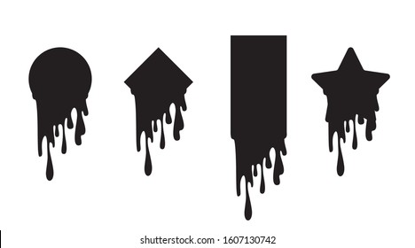 Set of dripping paint icon set. Current liquid stains, inks. Paint flows. Melted circle, star, rectangle, rhombus, square logo. Vector illustration. Color easy to edit. Transparent background.